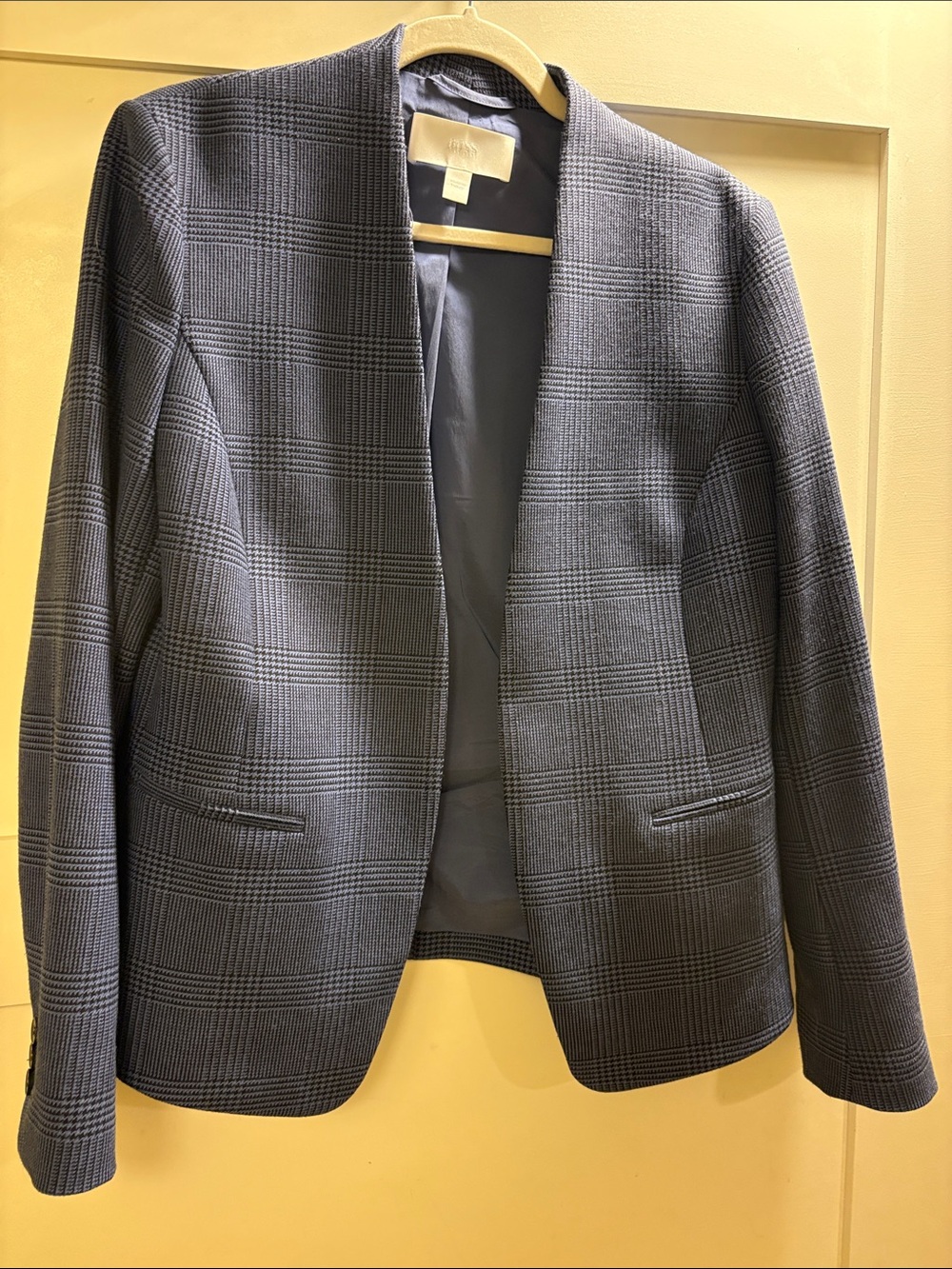 Boss Glen Plaid Collarless Navy Blazer